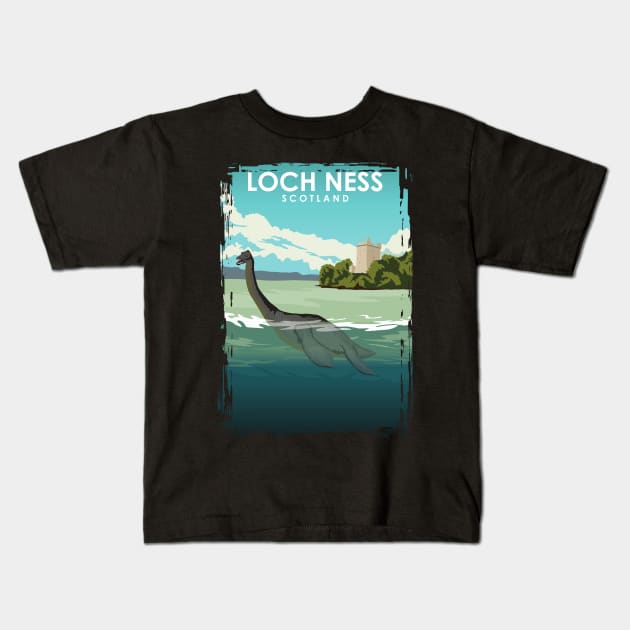 Loch Ness Scotland Travel Poster Kids T-Shirt by jornvanhezik